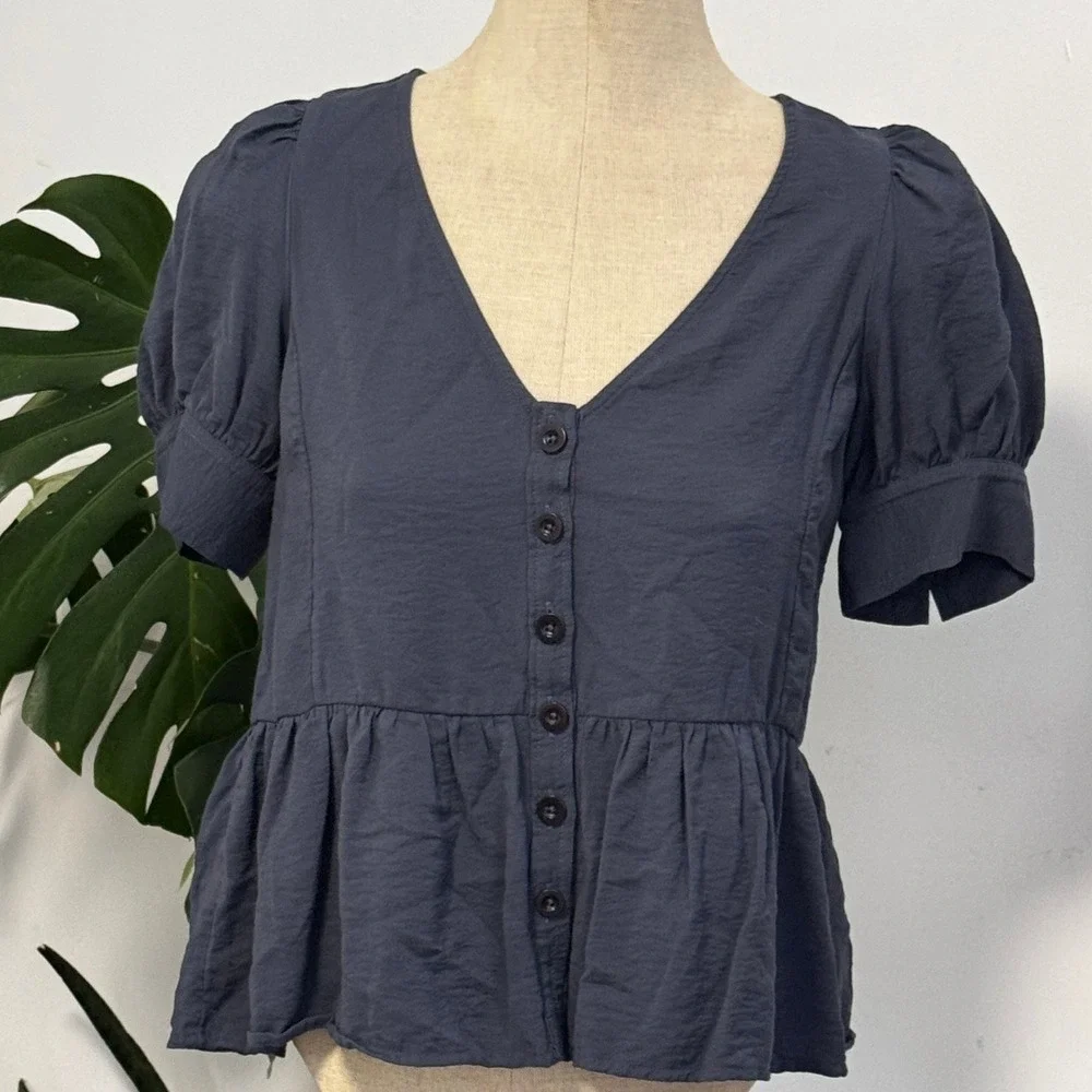 Madewell Peplum‎ Top Women XXS Navy Blue Button Front Puff Sleeve V-Neck Blouse